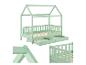 Mintgrünes Kinderhausbett mit Schubladen und Lattenrost.