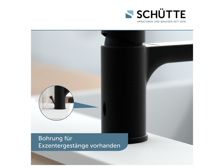 Schwarzer Wasserhahn mit einem Loch für eine Exzenterstange, von der Marke Schütte.