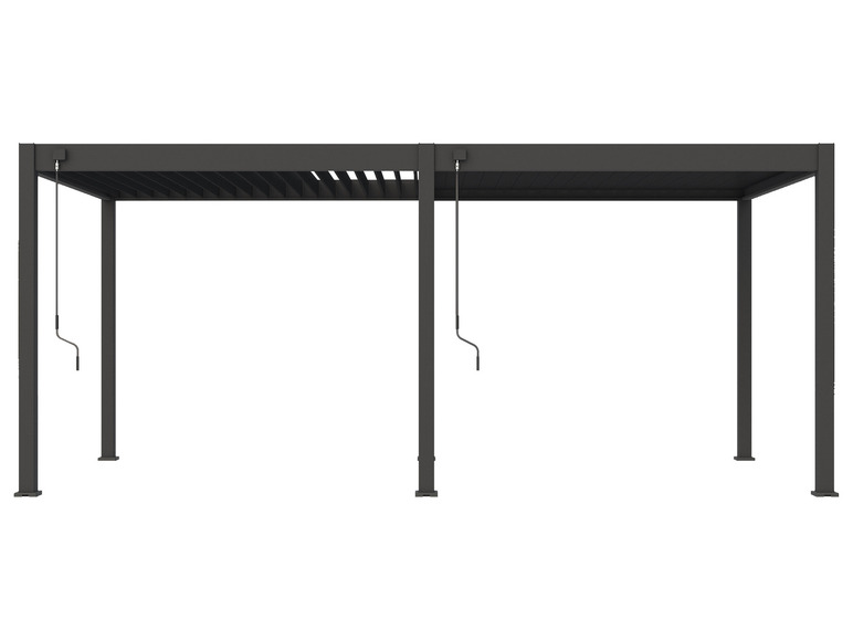 Eine schwarze Metallpergola mit zwei mechanischen Steuerungssystemen für die Markise.