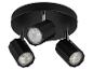 Schwarze Deckenleuchte mit drei verstellbaren LED-Spots.