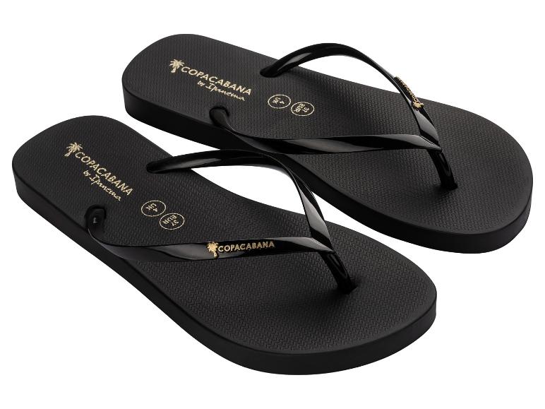 Schwarze Flip-Flops mit goldenen Details und strukturierter Sohle.