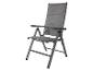 Grauer Alu-Klappstuhl mit Armlehnen.