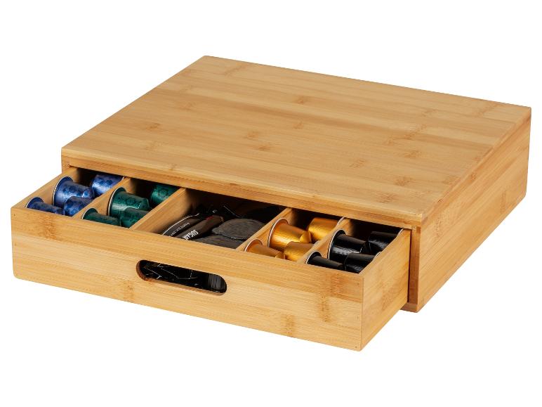 Bambus-Aufbewahrungsbox mit Schublade für Nespresso Kapseln.