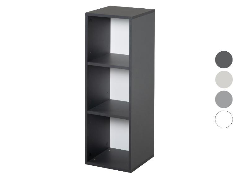 Dunkelgraues Regal mit drei offenen Fächern und weißer Rückwand, mit Farbmustern.