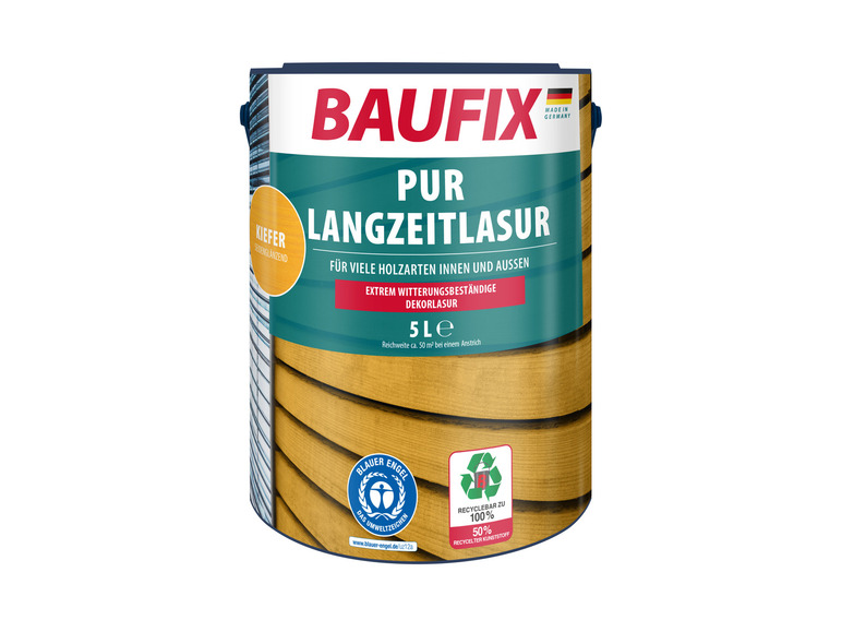 Ein Eimer Baufix PUR Langzeitlasur Holzlasur für innen und außen.
