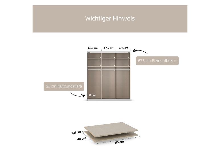 Kleiderschrank mit Schiebetüren, Regalen und Kleiderstangen, zeigt Maße und einen „Wichtiger Hinweis“.