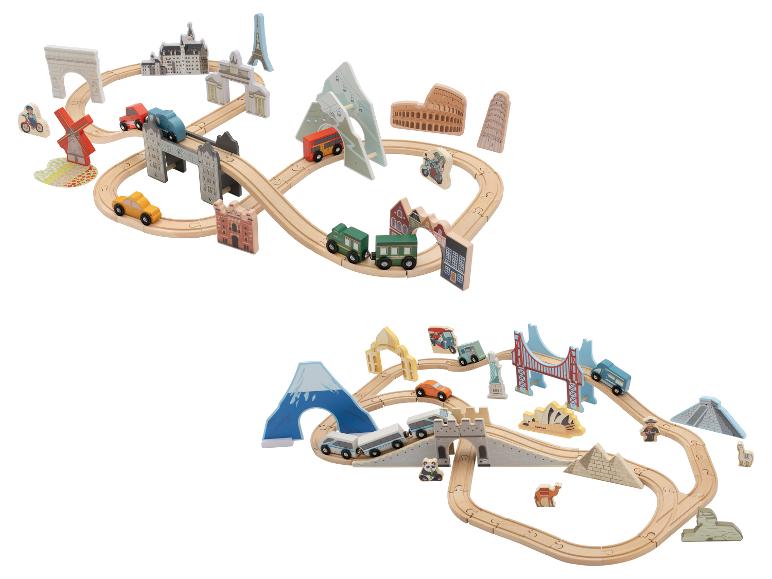 Holzeisenbahn-Set zum Thema Welt, mit Wahrzeichen und Fahrzeugen.