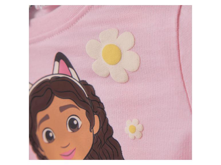 Rosa Kinderpullover mit Zeichentrickfigur und Blumenapplikationen.