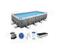 Bestway Pool mit Filterpumpe, Leiter, Chemikaliendosierer und Abdeckung.