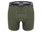 Olivgrüne Herren-Boxershorts mit feinen schwarzen Streifen und schwarz-weißem Bund.