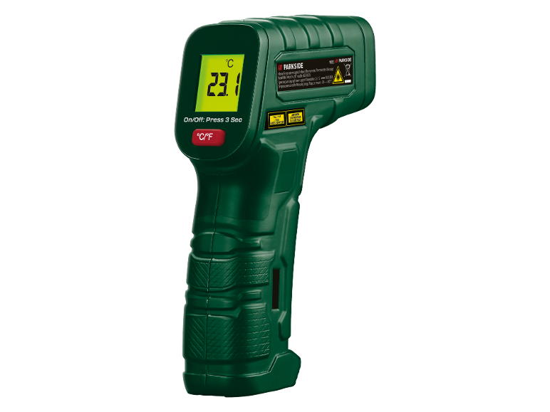 Grünes Infrarot-Thermometer zeigt 23.1°C, mit Ein-/Aus- und Temperatureinheitstasten.