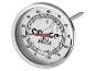Grillthermometer mit weißem Zifferblatt und rotem Zeiger, das Temperaturen in °C anzeigt.