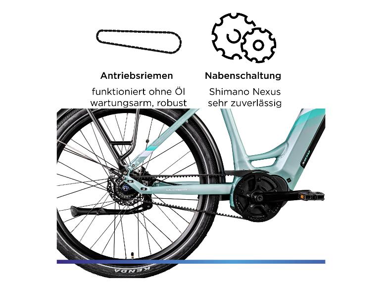 Nahaufnahme von Riemenantrieb und Nabenschaltung eines E-Bikes, die seine ölfreien, wartungsarmen und zuverlässigen Eigenschaften hervorhebt.