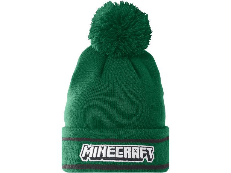 Grüne Strickmütze mit Bommel und Logo eines beliebten Spiels