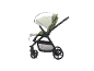 Grüner Kinderwagen mit verstellbarem Verdeck und Fußstütze, auf weißem Hintergrund.
