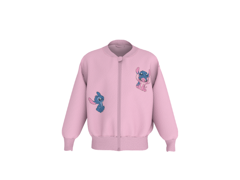 Rosa Bomberjacke mit Stitch- und Angel-Charakteren