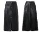 Zwei schwarze Kunstlederröcke: ein A-Linien-Midi und ein Plisseer-Midi.
