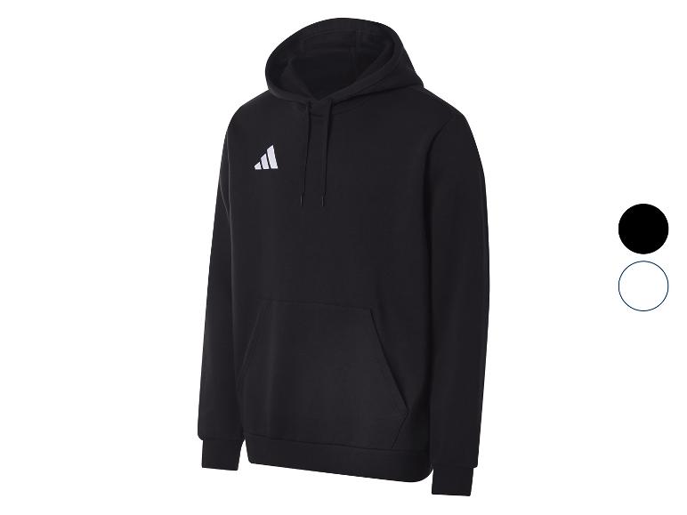 Schwarzer Kapuzenpullover mit weißem Logo auf der Brust, mit Kängurutasche