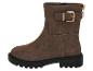 Braune Wildleder-Stiefeletten mit goldener Schnalle und schwarzer Profilsohle.
