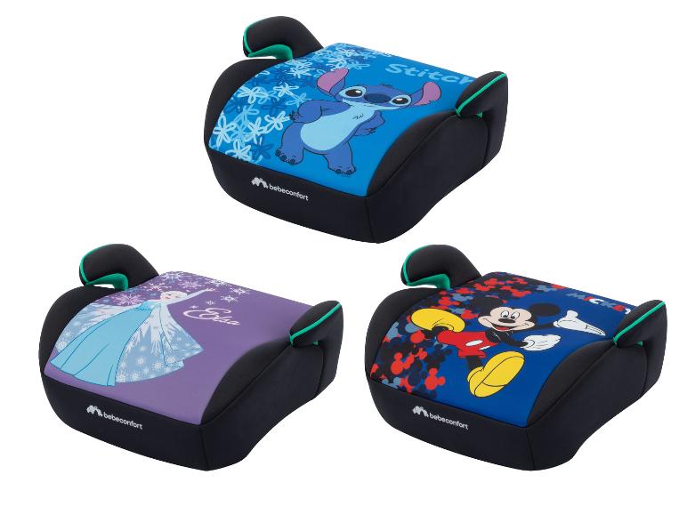 Drei Sitzerhöhungen mit Disney-Figuren: Stitch, Elsa und Mickey Maus.
