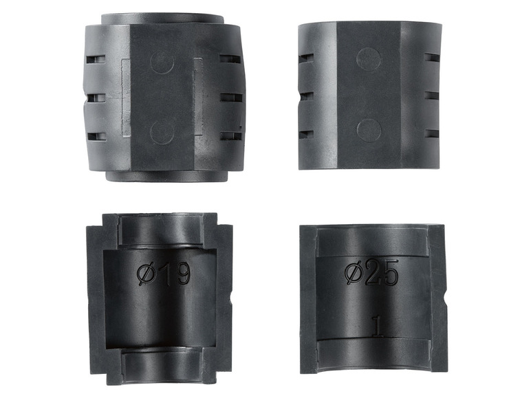 Schwarze Kunststoffrohrverbindungen mit Durchmessern Ø19 und Ø25.