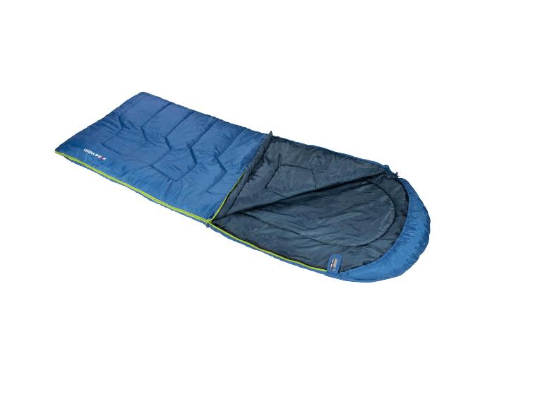 Offene blaue High Peak Schlafsack, bereit zum Campen.
