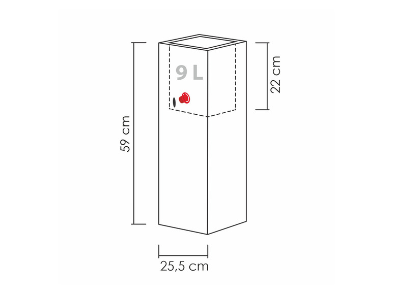 Schemazeichnung eines rechteckigen Behälters mit einem Fassungsvermögen von 9 Litern.