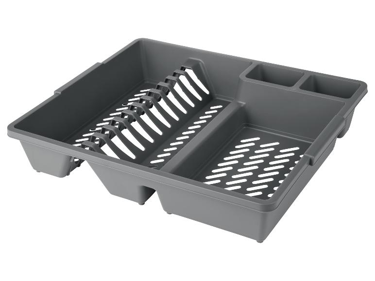 Dunkelgrauer zweiteiliger Abtropfkorb aus Plastik.