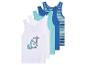 Jungen-Tanktops: weiß mit Baumotiv, einfarbig blau, einfarbig hellblau und blau-weiß gestreift.