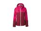 Zweifarbige pinke und bordeauxfarbene Damen-Outdoorjacke mit Kapuze und weißem Reißverschluss.