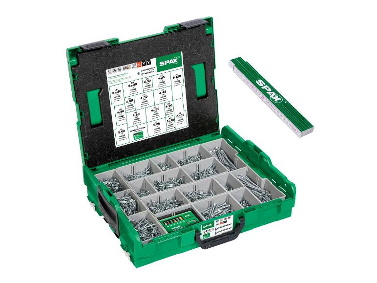 Holzschrauben-Set in grüner Box mit Zollstock.