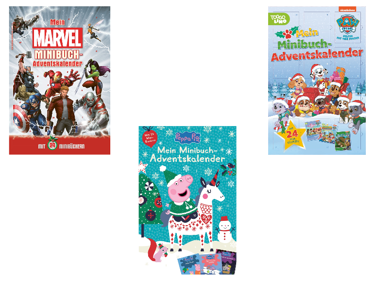 Drei verschiedene Kinder-Adventskalender mit Minibüchern, mit Superhelden-, Peppa Wutz- und Paw Patrol-Themen.