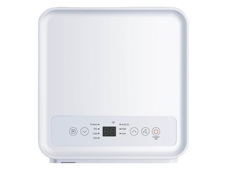 Weißer Luftentfeuchter mit Digitalanzeige und Bedientasten für Modi und Geschwindigkeiten.
