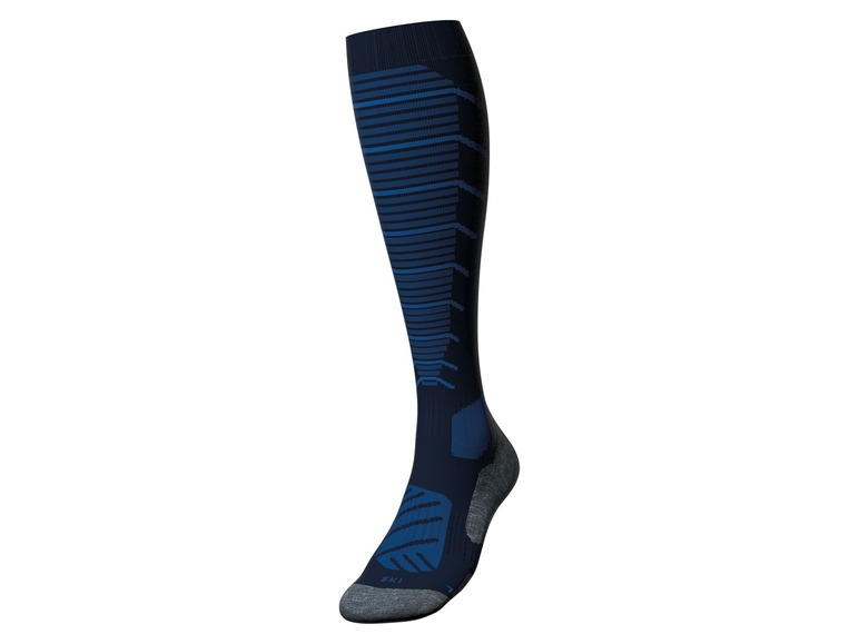 Ein Paar blaue Skisocken mit einem gestreiften Design.