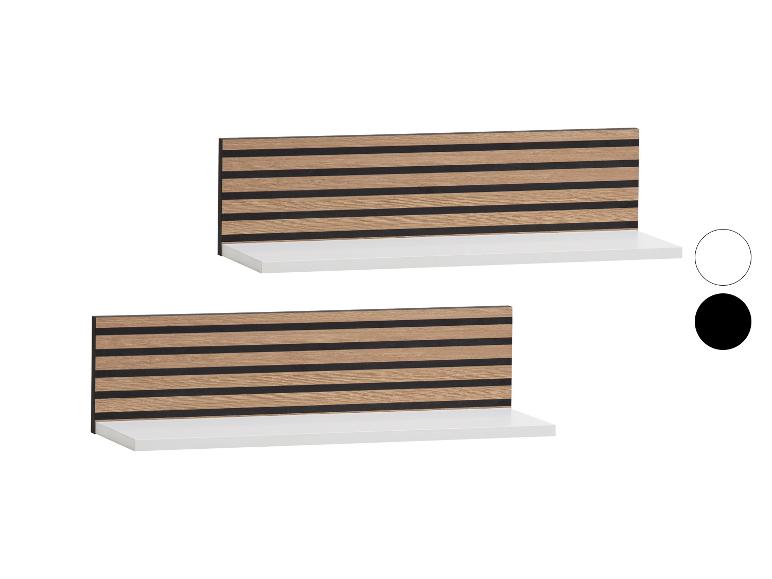Zwei Wandregale mit weißer Ablage und einer Rückwand aus Holzlamellen mit schwarzen Zwischenräumen.