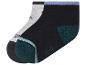 Zwei Paar Kindersocken: ein graues mit schwarzen Details und ein schwarzes mit blauen und grünen Details.