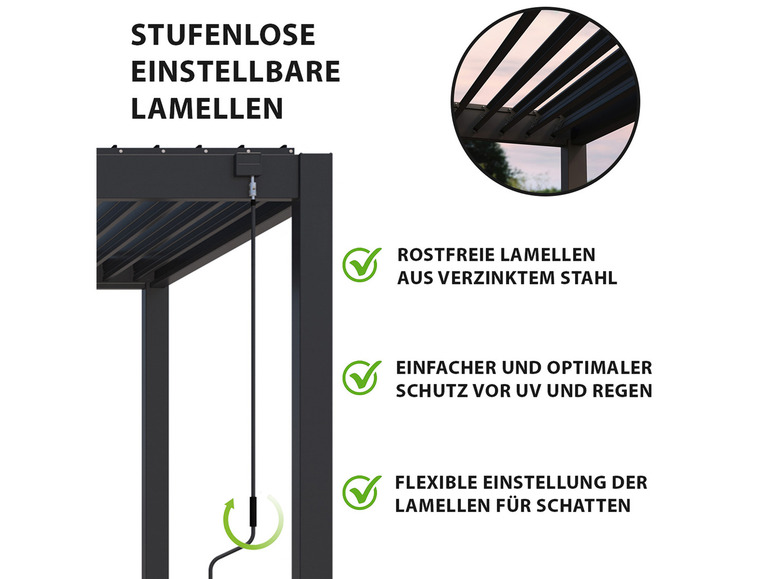 Eine Pergola mit verstellbaren Lamellen aus rostfreiem Stahl für Schatten.