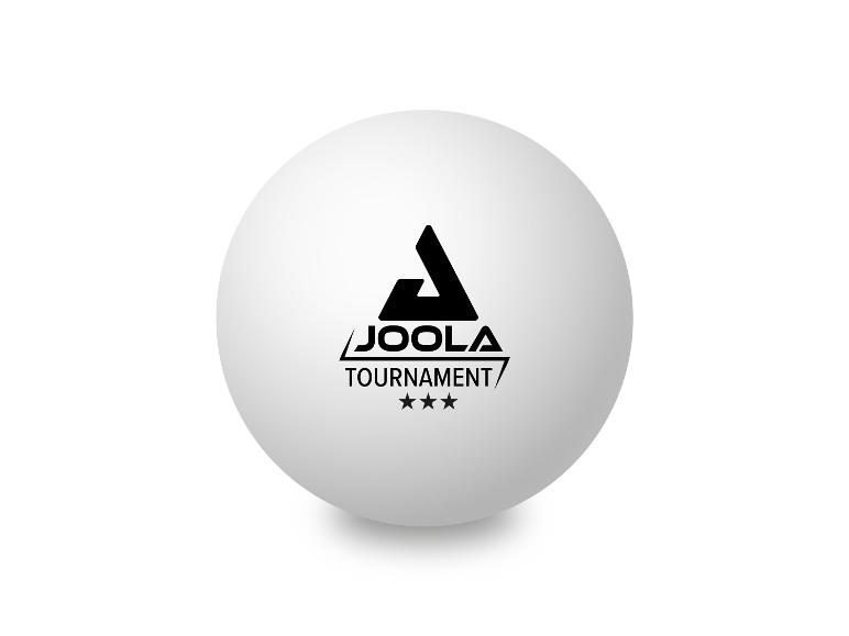 Weißer Tischtennisball mit schwarzem Logo und dem Text „TOURNAMENT“ und drei Sternen.
