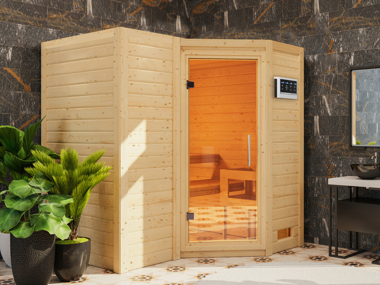 Gehe zu Vollbildansicht: Karibu Indoor-Sauna »Aspby«, Eckeinstieg, 9 kW Ofen - Bild 137