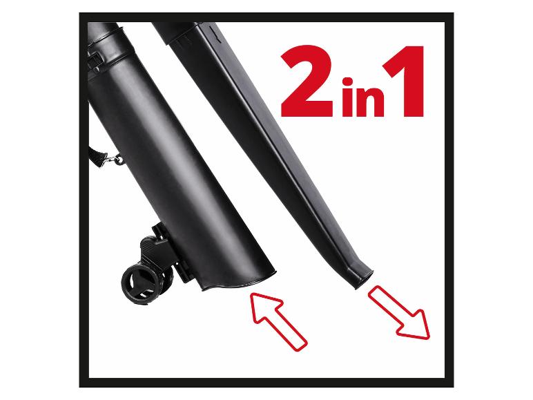 Schwarzer Laubbläser mit 2-in-1-Funktion, mit Pfeilen, die die Montage anzeigen.