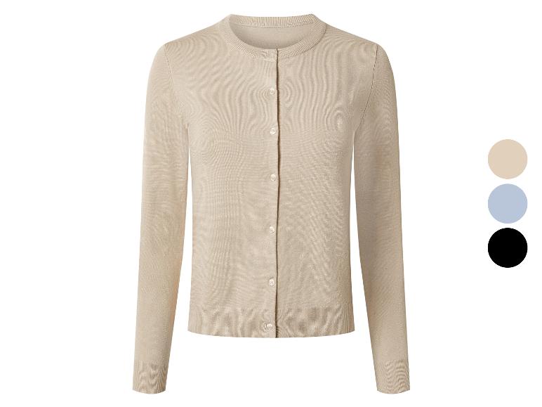 Beiger Damen-Cardigan mit Rundhalsausschnitt und Knöpfen, auch in Blau und Schwarz erhältlich.