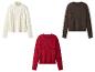 Drei Zopfstrickpullover in Weiß, Rot und Braun.