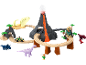 Dinosaurier-Spielset mit Vulkan, Eisenbahn, Fahrzeugen und Figuren.