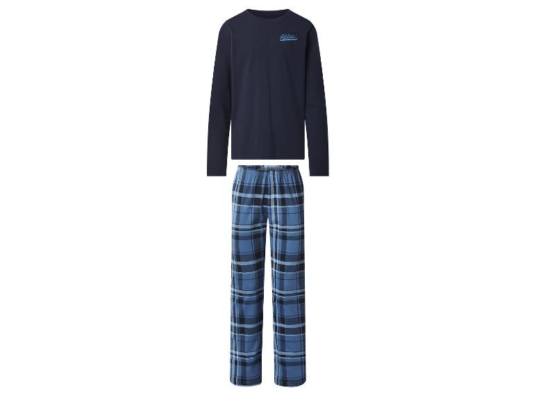Herren-Pyjama in Marineblau mit Langarmshirt und blau karierter Hose.