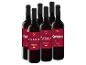 Sechs Flaschen Corbières Rotwein mit roten Etiketten und schwarzen Verschlüssen.