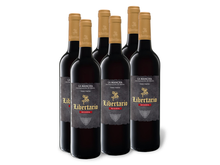 Gehe zu Vollbildansicht: 6 x 0,75-l-Flasche Weinpaket Libertario Reserva La Mancha DO trocken, Rotwein - Bild 1