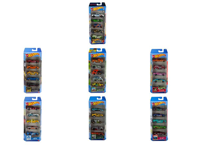Sechs Hot Wheels Autos in Verpackungen mit verschiedenen Themen, wie Nightburnerz, HW Getaways, HW Flames und Retro Racers.