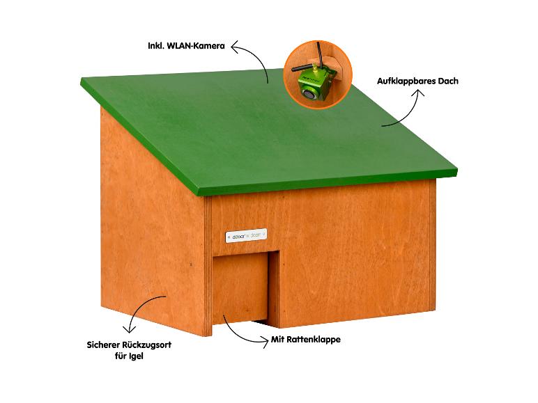 Igelhaus mit grünem Dach, integrierter WLAN-Kamera, aufklappbarem Dach und Rattenklappe.
