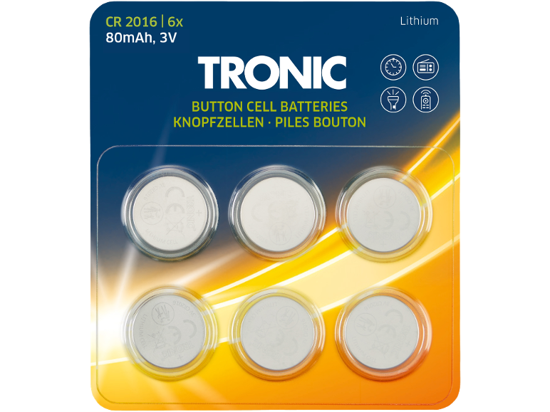 Packung mit 6 Lithium-Knopfzellen CR 2016, 80mAh, 3V.