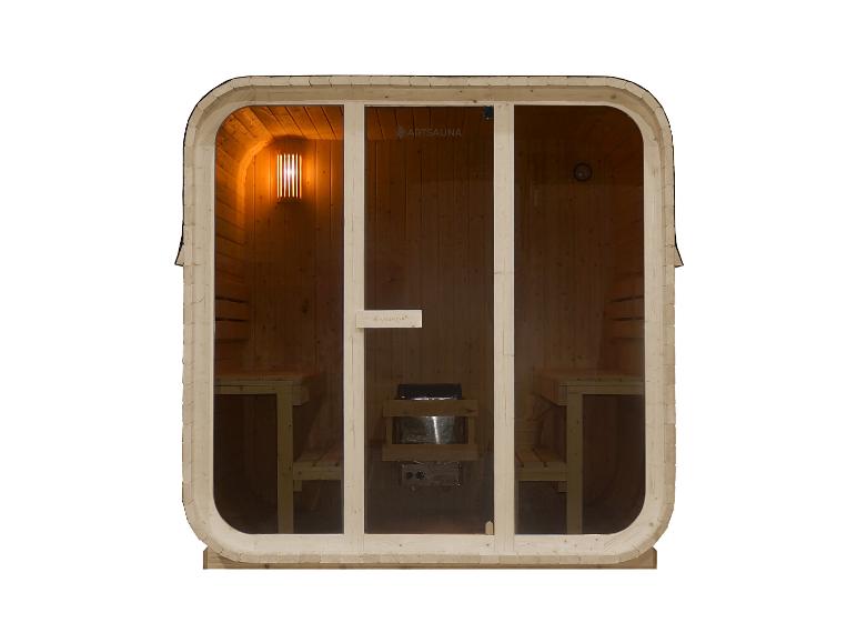 Holzsauna mit Glastür, Innenbänken und Heizung.